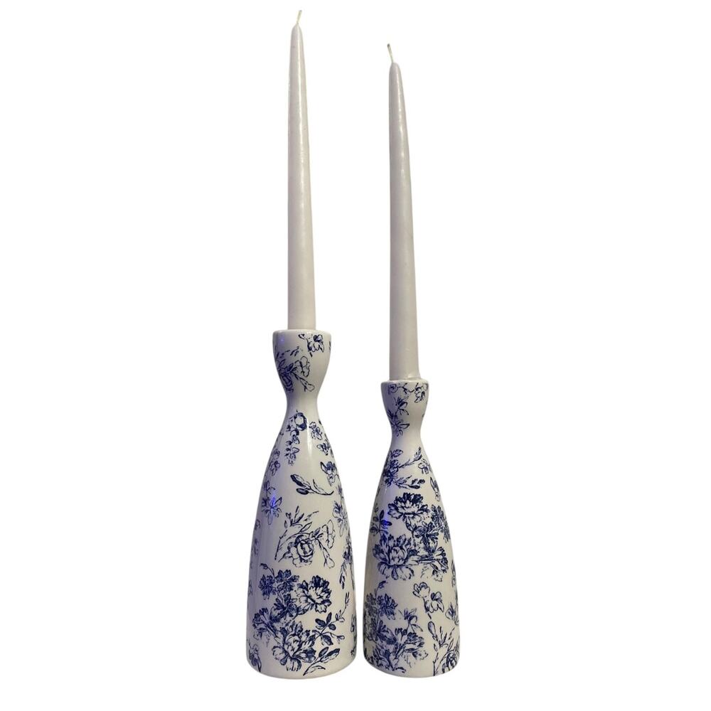 Blue & White Chinoiserie Ceramic Candle Holder Set of 2